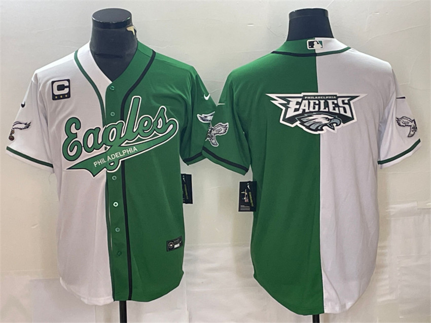 Men's Green/White Philadelphia Eagles Split Team Big Logo With 3-star C Patch Cool Base Stitched Baseball Jersey